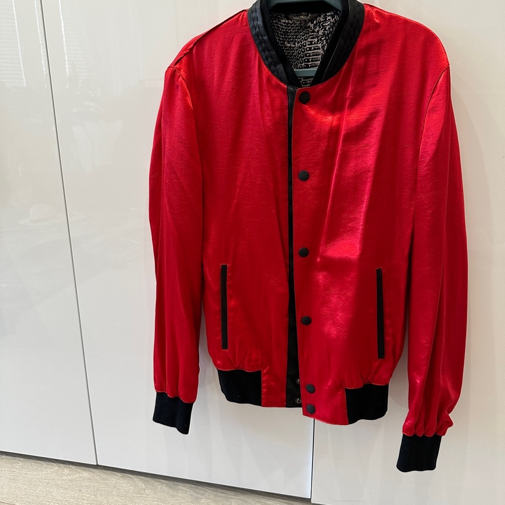 Roberto Cavalli Red Bomber Jacket with Black Trim